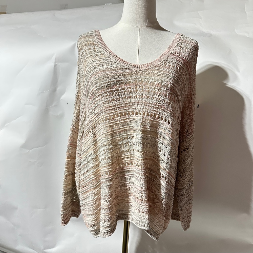 LOFT XL Open Knit Multicolor Short Sleeve Sweater Top Loose Boxy Lightweight